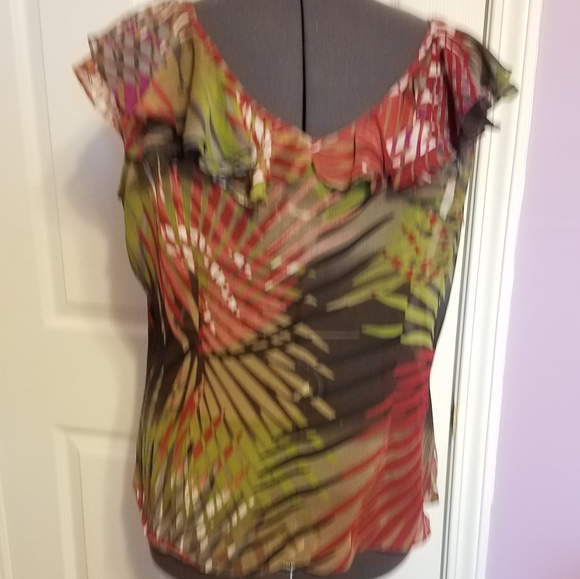 Sheer Bold Color Tropical Print V-Neck Tank - Picture 3 of 4